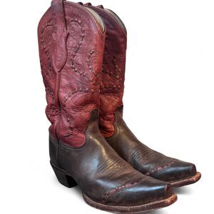 Tony Lama Cowboy Boots Women’s 6.5B Brown Leather Maroon Shaft Western Boots